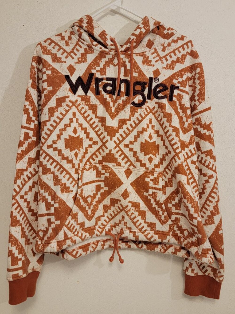 Wrangler Retro Aztec Print Small Hoodie Beige Terracotta Western Boho Sweatshirt